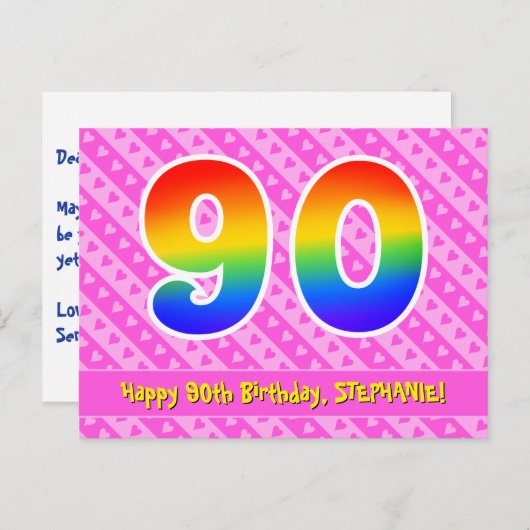 90歳の誕生日:ピンクのストライプとハート、虹色の90 ポストカード (正面/裏面)