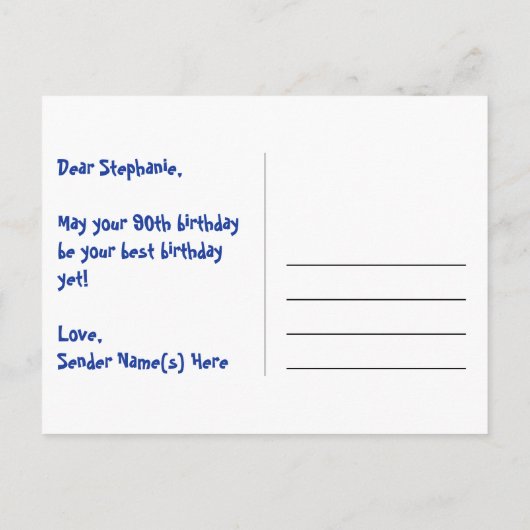 90歳の誕生日:ピンクのストライプとハート、虹色の90 ポストカード (裏面)