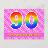 90歳の誕生日:ピンクのストライプとハート、虹色の90 ポストカード (正面)
