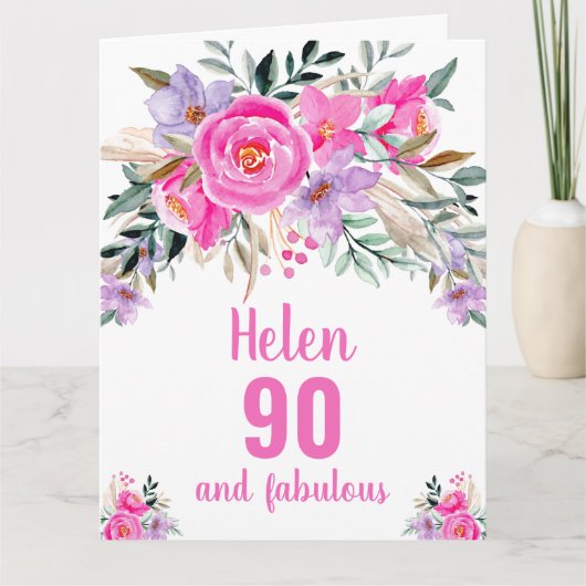 90歳の誕生日 ピンクの水彩花のカード カード (正面)
