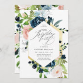 90歳の誕生日 ピンク 青 バラ 水彩 花  招待状 (正面/裏面)