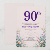 90歳の誕生日 フローラル ピンクとパープル 招待状 (正面/裏面)