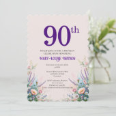 90歳の誕生日 フローラル ピンクとパープル 招待状 (スタンド正面)
