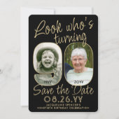 90歳の誕生日 ブラック＆ゴールド2写真パーティー セーブザデート (正面)