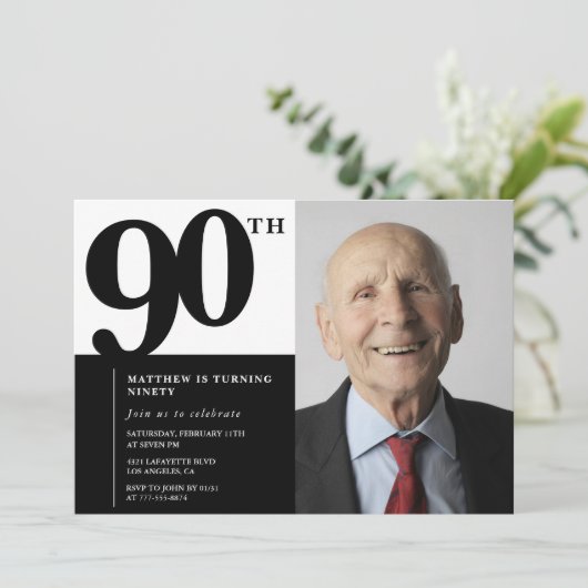 90歳の誕生日 ブラック 記念の招待状 エレガント シック 招待状 (スタンド正面)