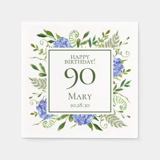 90歳の誕生日 ブルー・ハイドランジア スタンダードカクテルナプキン (正面)