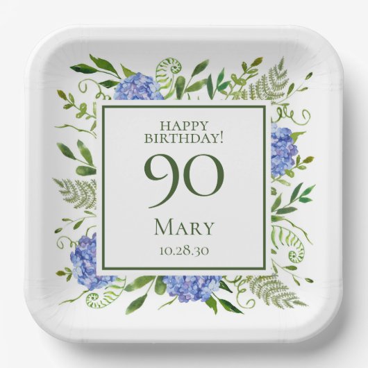 90歳の誕生日 ブルー・ハイドランジア ペーパープレート (正面)