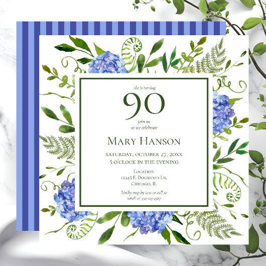 90歳の誕生日 ブルー・ハイドランジア 招待状