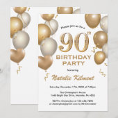 90歳の誕生日 ホワイトとゴールドのグリッター風船 招待状 (正面/裏面)