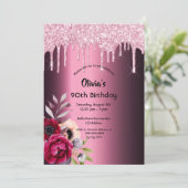 90歳の誕生日 ラグジュアリーなワインレッドの花 紫 招待状 (スタンド正面)