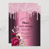 90歳の誕生日 ラグジュアリーなワインレッドの花 紫 招待状 (正面/裏面)