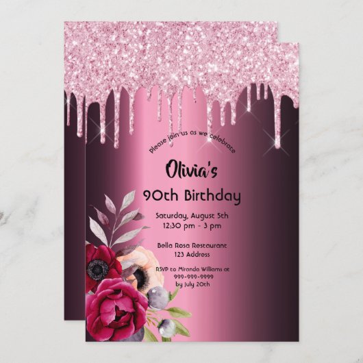 90歳の誕生日 ラグジュアリーなワインレッドの花 紫 招待状 (正面/裏面)
