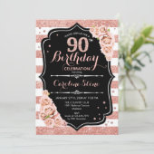90歳の誕生日 - ローズゴールドとホワイトのストライプ 招待状 (スタンド正面)