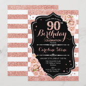 90歳の誕生日 - ローズゴールドとホワイトのストライプ 招待状 (正面/裏面)