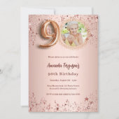 90歳の誕生日 ローズゴールドの写真 星 招待状 (正面)