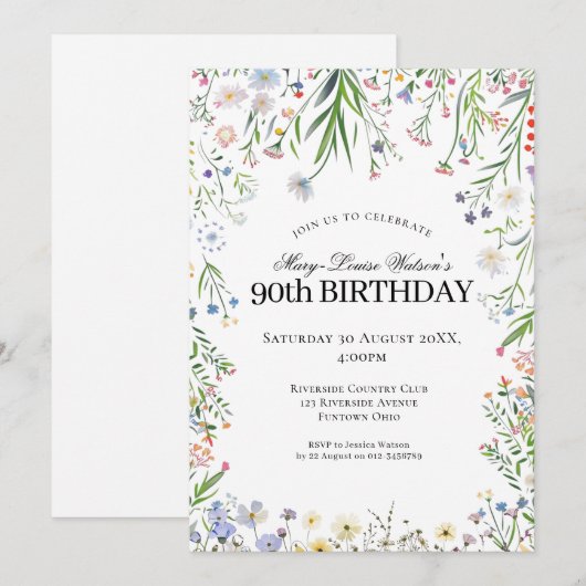 90歳の誕生日 ワイルドフラワーガーデン 招待状 (正面/裏面)