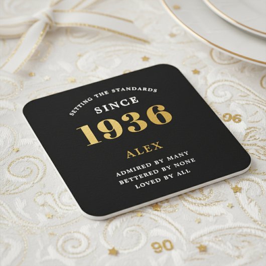 90歳の誕生日 名前 1936年 ブラックゴールド オリジナル スクエアペーパーコースター