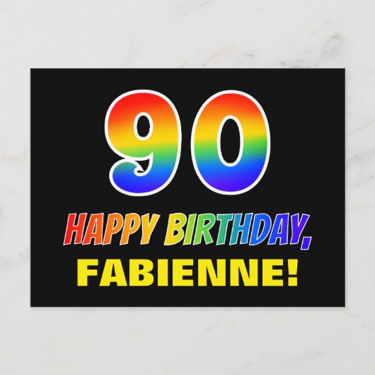 90歳の誕生日: 大胆で楽しいシンプルな虹色の90 ポストカード (正面)