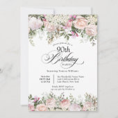 90歳の誕生日 女性らしいピンクの花のカリグラフィー 招待状 (正面)