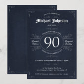 90歳の誕生日 完璧に熟成した ネイビーシルバー 招待状 (正面/裏面)