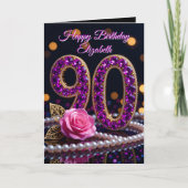 90歳の誕生日 紫水晶の宝石とピンクのバラ カード (正面)