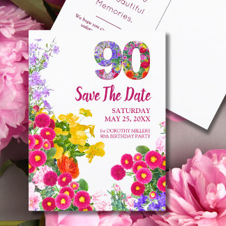 90歳の誕生日 花のモダンなSave The Date ポストカード