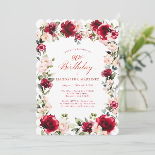 90歳の誕生日 赤いバラとピンクの芍薬の花束 招待状 (スタンド正面)