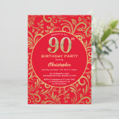 90歳の誕生日 赤と金の花柄 招待状 (スタンド正面)