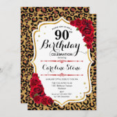 90歳の誕生日 - 赤金色のヒョウ柄プリント 招待状 (正面/裏面)