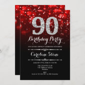 90歳の誕生日 - 赤 黒 シルバー 招待状 (正面/裏面)