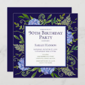 90歳の誕生日 青いアジサイの花 水彩 招待状 (正面/裏面)
