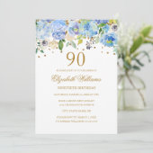 90歳の誕生日 高級感のある青と金の花の招待状 招待状 (スタンド正面)