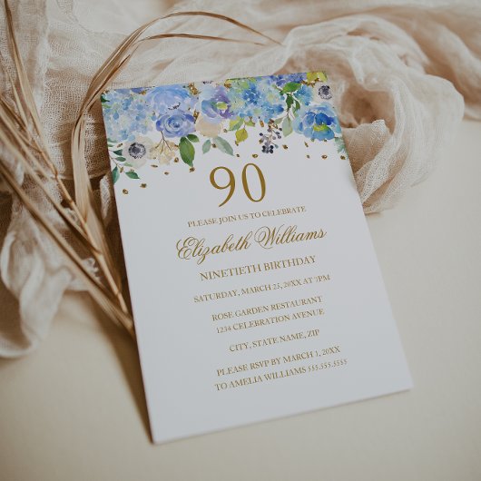 90歳の誕生日 高級感のある青と金の花の招待状 招待状