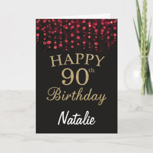 90歳の誕生日 黒と赤のゴールドグリッターカード カード