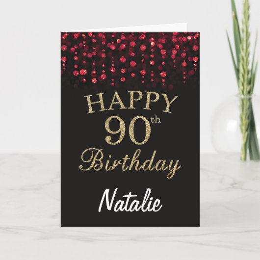 90歳の誕生日 黒と赤のゴールドグリッターカード カード (正面)