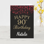 90歳の誕生日 黒と赤のゴールドグリッターカード カード (黄色い花)