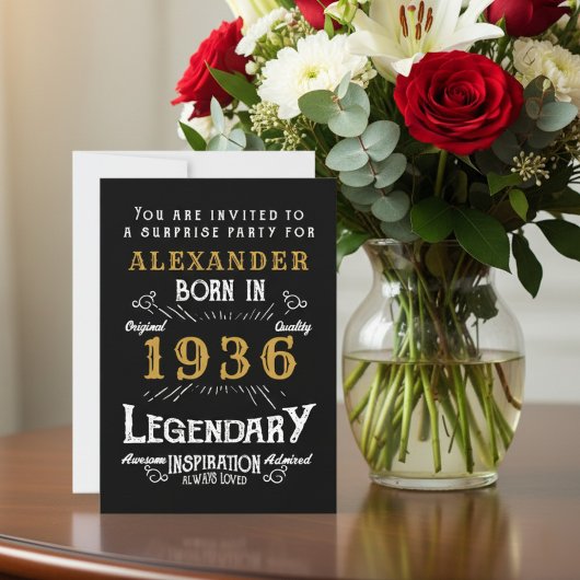 90歳の誕生日 1936年生まれ ブラック ゴールド レトロ ヴィンテージ 招待状