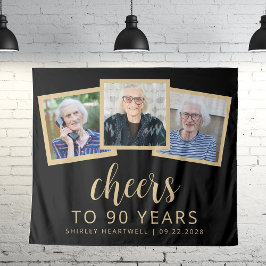 90歳の誕生日 3枚の写真 ブラック ゴールド スクリプト チェアーズ タペストリー