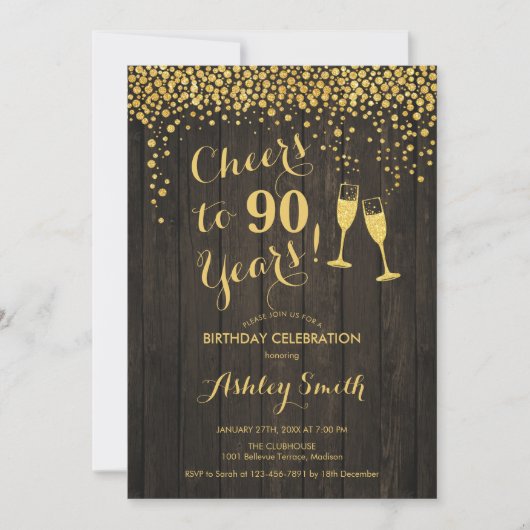 90歳の誕生日 - 90年のお祝いに乾杯 ゴールドウッド 招待状 (正面)