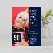 90歳の金ゴールドとフォトブルー90歳の誕生日パ実在ーティ 箔招待状 (立ち正面)