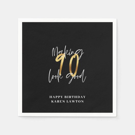 90歳を良い誕生日に見せる金ゴールド スタンダードカクテルナプキン (正面)