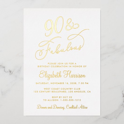 90歳エレガントと素晴らしい90歳の誕生日パーティー 箔招待状 (正面)