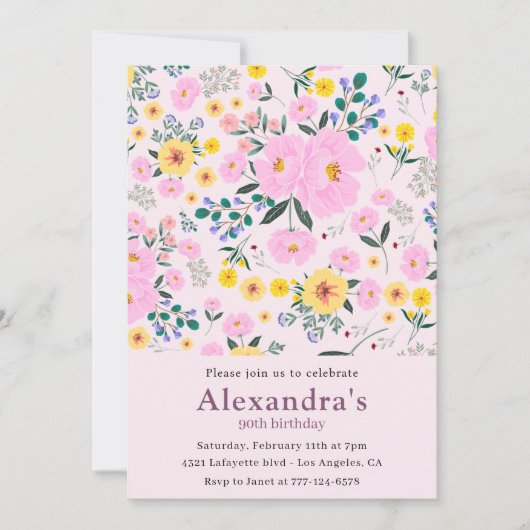 90歳エレガントの誕生日招待状ピンクフローラシック 招待状 (正面)