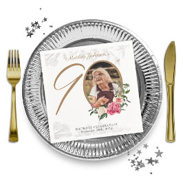 90歳エレガント誕生日パーティーフローラ植物写真 スタンダードカクテルナプキン