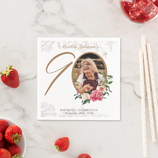 90歳エレガント誕生日パーティーフローラ植物写真 スタンダードカクテルナプキン (インサイチュ)