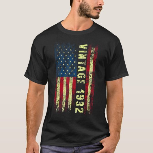 90歳ヴィンテージ1932アメリカ国旗90誕生 Tシャツ (正面)