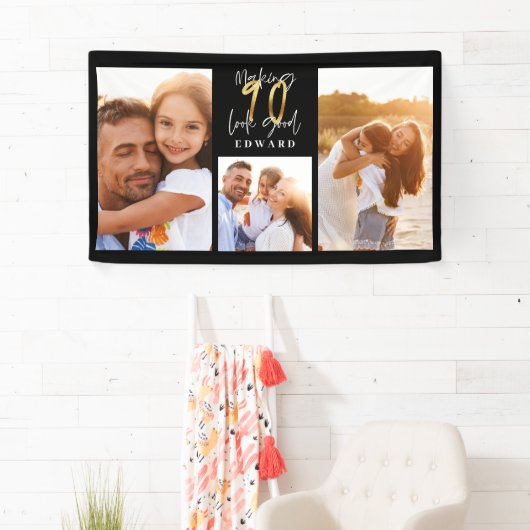 90歳誕生日写真コラージュ黒金ゴールドタイポグラフィ  横断幕 (インサイチュ)