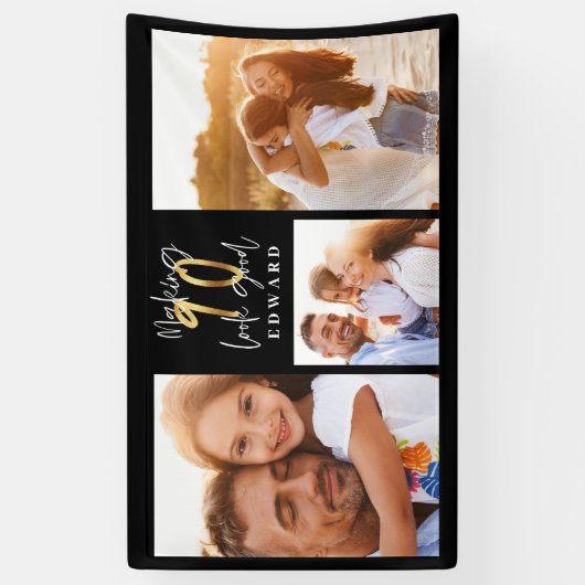 90歳誕生日写真コラージュ黒金ゴールドタイポグラフィ  横断幕 (縦)