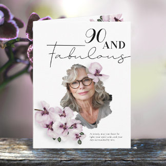 90歳 & ファビュラス オーキッド フォト バースデー グリーティング カード