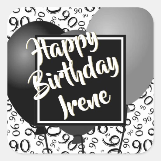 90番目のハッピーバースデー – 黒/白の数値パターン スクエアシール (正面)